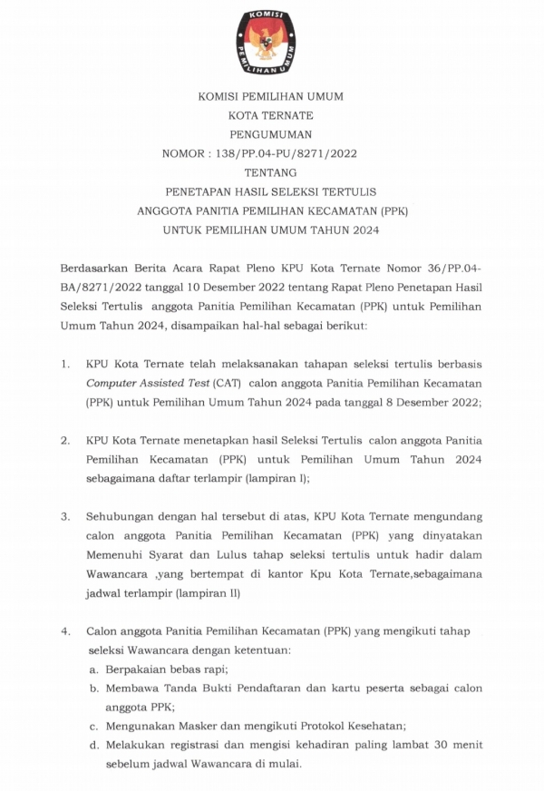 PENGUMUMAN PENETAPAN HASIL SELEKSI TERTULIS ANGGOTA PPK SE-KOTA TERNATE ...